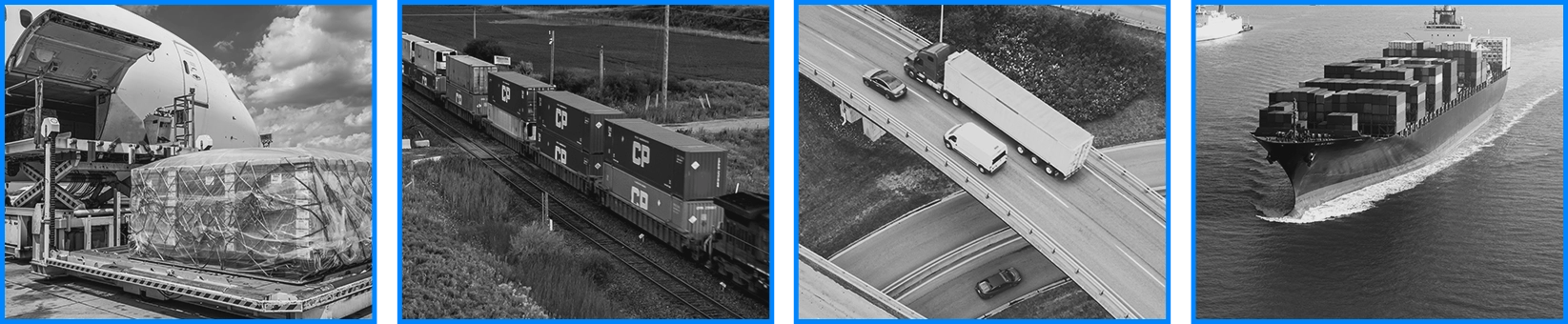 Series of 4 photos showing freight being transported by air, rail, road and sea